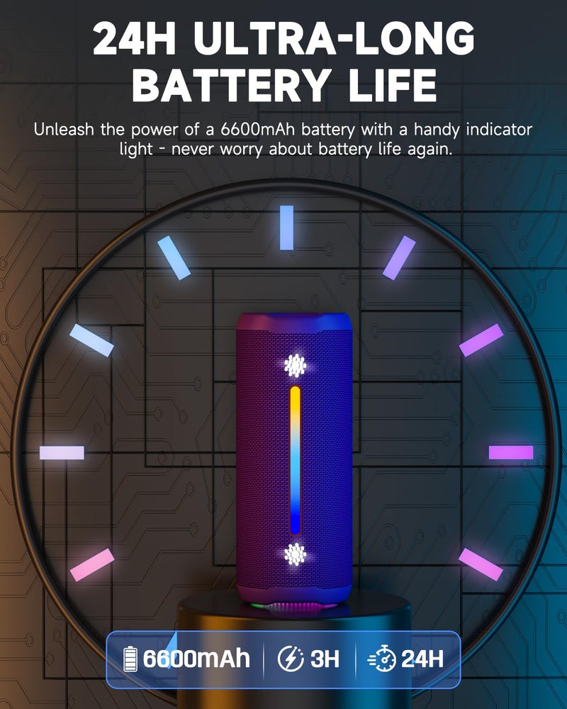 OHAYO Bluetooth Speaker, Portable Wireless, IPX7 Waterproof, Powerful 25W Sound, 24H Playtime, Dual Pairing, Active Bass, Colorful Lights, Bluetooth 5.3, Outdoor Speakers for Home/Party/Beach, Purple - Image 5