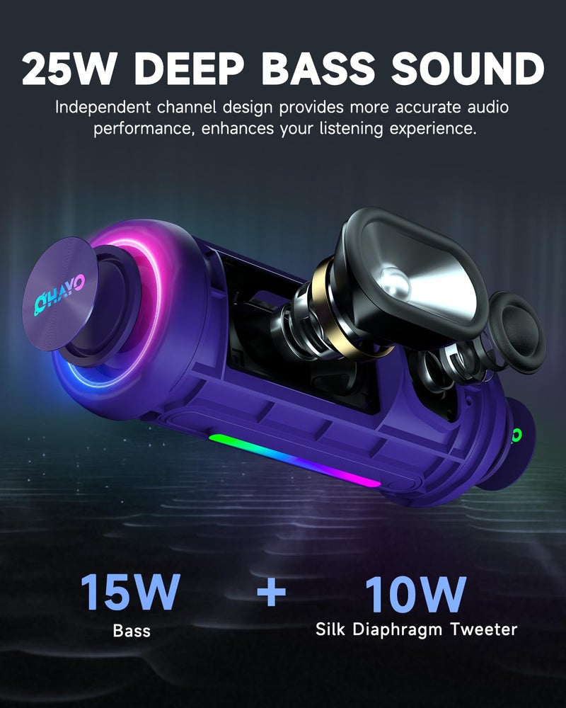 OHAYO Bluetooth Speaker, Portable Wireless, IPX7 Waterproof, Powerful 25W Sound, 24H Playtime, Dual Pairing, Active Bass, Colorful Lights, Bluetooth 5.3, Outdoor Speakers for Home/Party/Beach, Purple - Image 4
