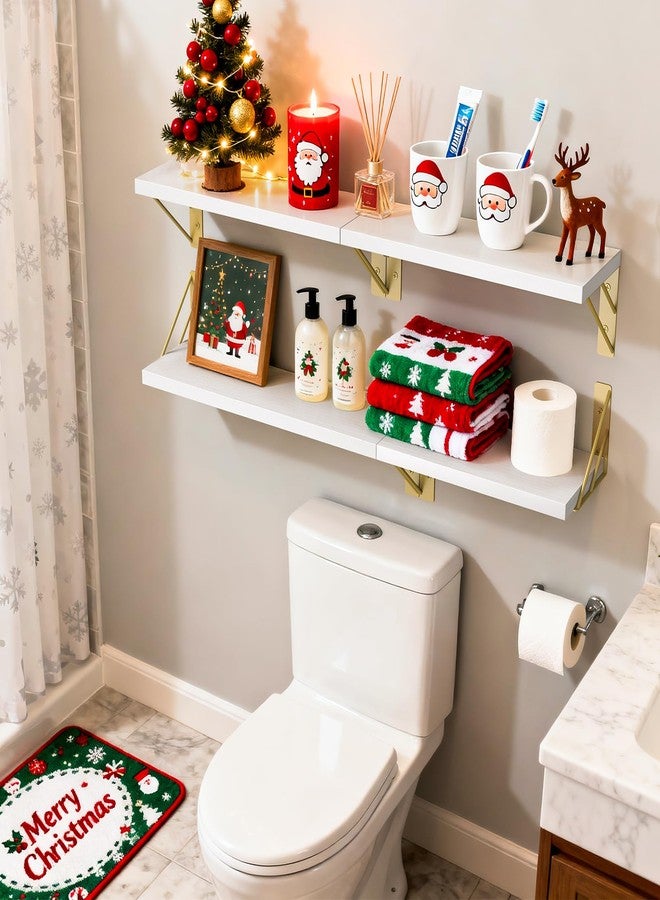 BAYKA Wall Shelves for Bedroom Decor, Floating Wall Shelves for Living Room Kitchen Storage, Wall Mounted Rustic Wood Shelves for Kids Books, Corner Shelf for Bathroom(White and Gold，Set of 4) - Image 2