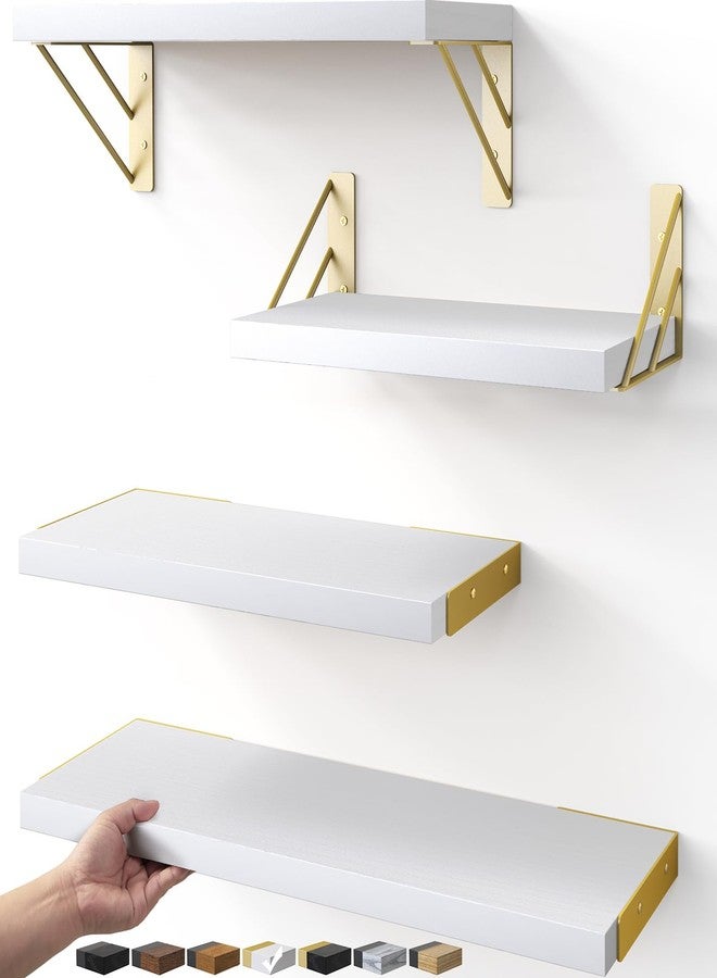 BAYKA Wall Shelves for Bedroom Decor, Floating Wall Shelves for Living Room Kitchen Storage, Wall Mounted Rustic Wood Shelves for Kids Books, Corner Shelf for Bathroom(White and Gold，Set of 4) - Image 1