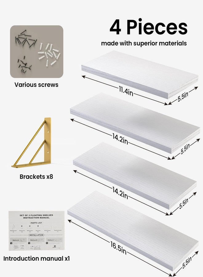 BAYKA Wall Shelves for Bedroom Decor, Floating Wall Shelves for Living Room Kitchen Storage, Wall Mounted Rustic Wood Shelves for Kids Books, Corner Shelf for Bathroom(White and Gold，Set of 4) - Image 4