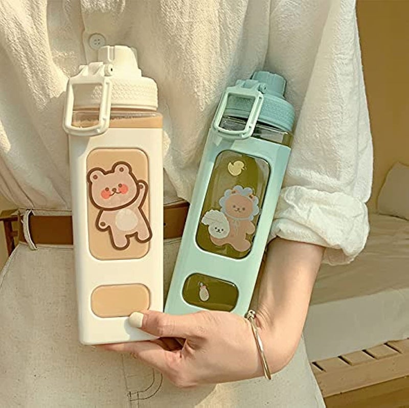 JQWSVE Kawaii Water Bottle With Straw And Sticker, Kawaii Bear Water Bottle, Large Sport Plastic Portable Square Drinking Bottle For Girl, Cute Juice Tea Water Cups, Blue, Pack Of 1, 24 ounce - Image 1
