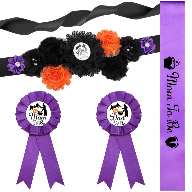 4 Pcs Halloween Maternity Sash Set Pumpkin Mom to Be Dad to Be Corsage Pins Happy Fall Theme Baby Shower Pregnancy Sash for Halloween Autumn Gender Reveal Cute Style