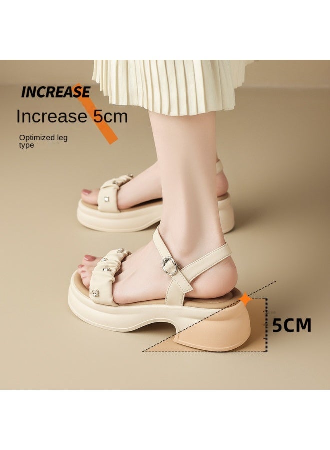 ZHR Sparkling Diamonds】 Soft, Lightweight, Versatile Pleated Strap Sandals Summer Style Women's High-end Thick Sole Sandals - Image 5