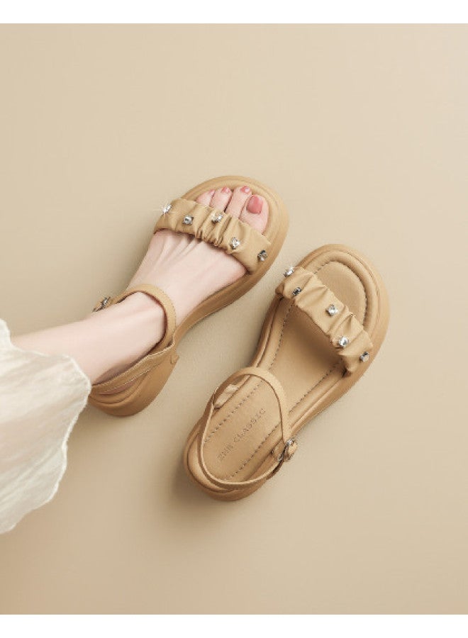 ZHR Sparkling Diamonds】 Soft, Lightweight, Versatile Pleated Strap Sandals Summer Style Women's High-end Thick Sole Sandals - Image 1