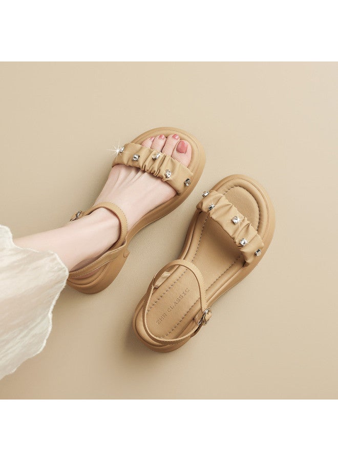 ZHR Sparkling Diamonds】 Soft, Lightweight, Versatile Pleated Strap Sandals Summer Style Women's High-end Thick Sole Sandals - Image 2