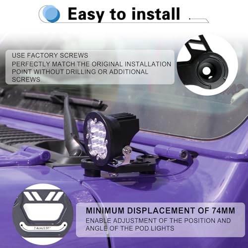 KMFCDAE Cowl Light Mount for Jeep JL A-Pillar Cube Light Pods Mounting Bracket for Jeep JL Wrangler/Gladiator JT 2018 2019 2020 2021 2022 2023 - Pair - Image 2