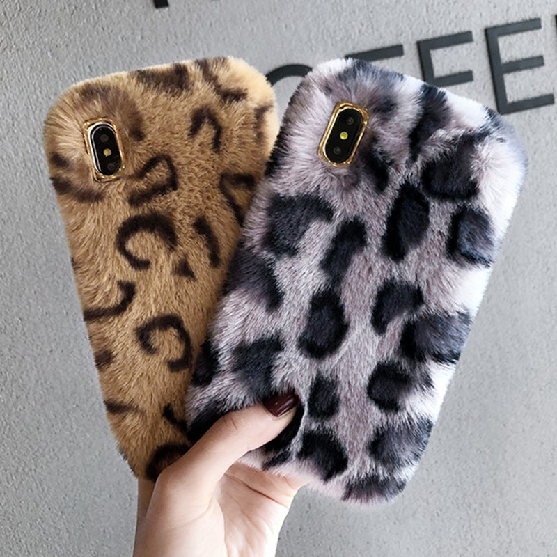 Plush Phone Case Fashion Furry Leopard Pattern Winter Keep Warm Anti-drop Shockproof Phone Shell Compatible for iPhone (Grey- ) - Image 4