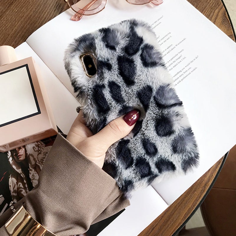 Plush Phone Case Fashion Furry Leopard Pattern Winter Keep Warm Anti-drop Shockproof Phone Shell Compatible for iPhone (Grey- ) - Image 2