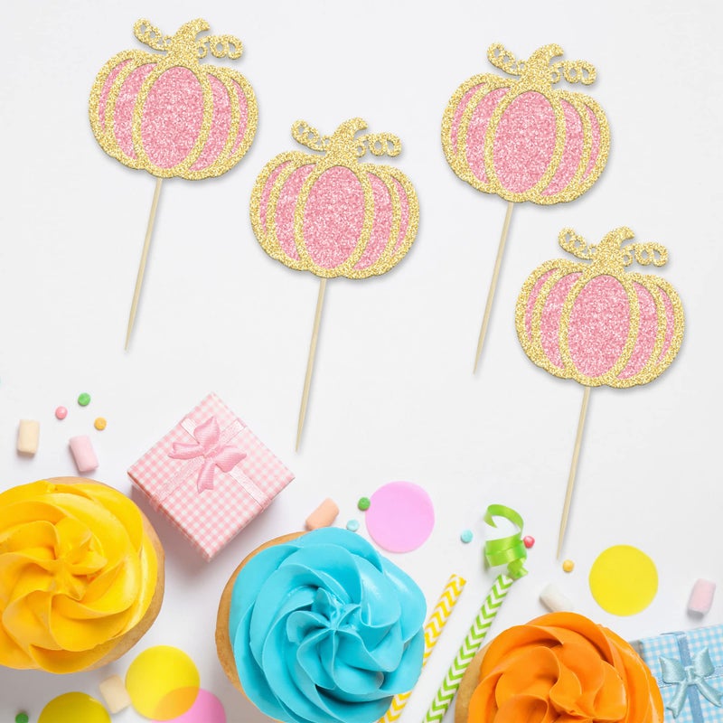 Ephlyn 24Pcs Pink Pumpkin Cupcake Toppers Girl Baby Shower Decorations Pumpkin Birthday Decorations Cupcake Picks Pumpkin Gender Reveal Cupcake Toppers Party Supplies - Image 3