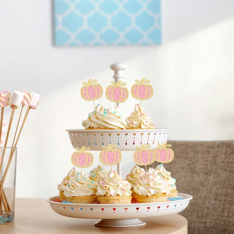 Ephlyn 24Pcs Pink Pumpkin Cupcake Toppers Girl Baby Shower Decorations Pumpkin Birthday Decorations Cupcake Picks Pumpkin Gender Reveal Cupcake Toppers Party Supplies - Image 4