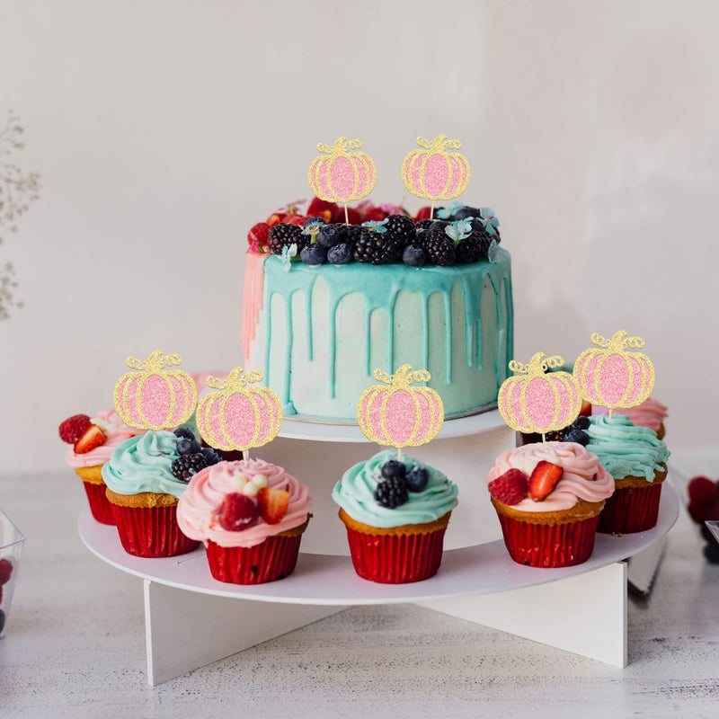 Ephlyn 24Pcs Pink Pumpkin Cupcake Toppers Girl Baby Shower Decorations Pumpkin Birthday Decorations Cupcake Picks Pumpkin Gender Reveal Cupcake Toppers Party Supplies - Image 5