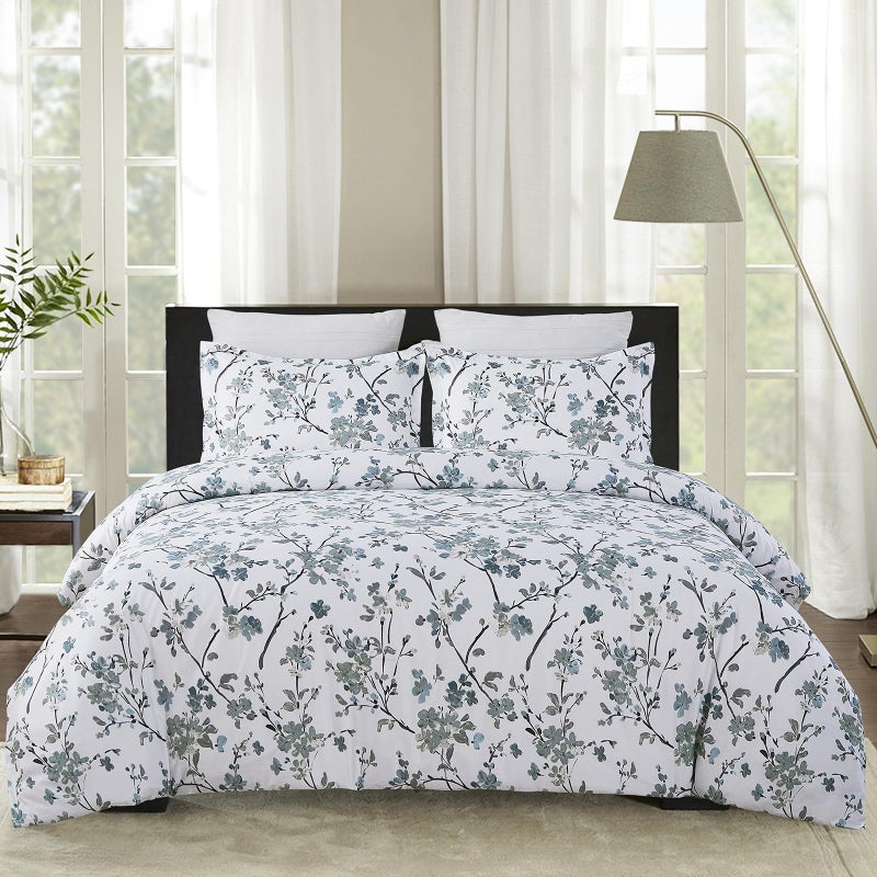 Vaulia Soft Microfiber Floral Duvet Cover Queen Size, Blue Chic Botanical Print Pattern, Lightweight and Breathable Design, 3-Piece Set (1 Duvet Cover 2 Pillow Shams) - Image 1