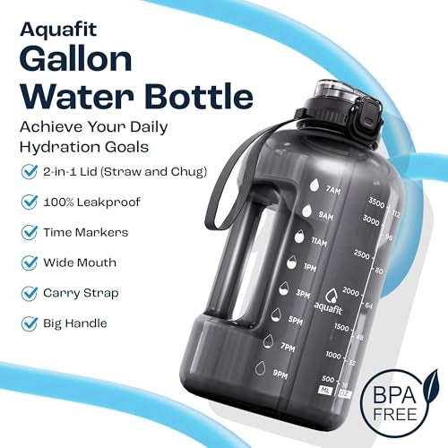 AQUAFIT 1 Gallon Water Bottle with Time Marker - Straw & Chug Lid - BPA Free Gym Water Bottle with Straw - Big Gallon Jug (Gray, 128 oz - 2in1 Lid) - Image 2