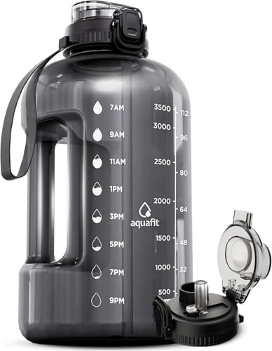 AQUAFIT 1 Gallon Water Bottle with Time Marker - Straw & Chug Lid - BPA Free Gym Water Bottle with Straw - Big Gallon Jug (Gray, 128 oz - 2in1 Lid) - Image 1