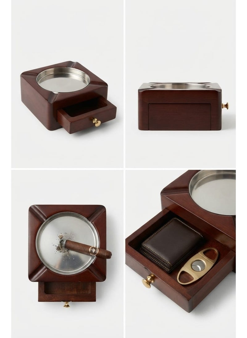 Square wooden statue ashtray featuring cigar designs and a laser-cut drawer for accessories. - Image 3