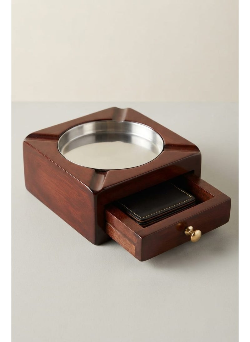 Square wooden statue ashtray featuring cigar designs and a laser-cut drawer for accessories. - Image 1