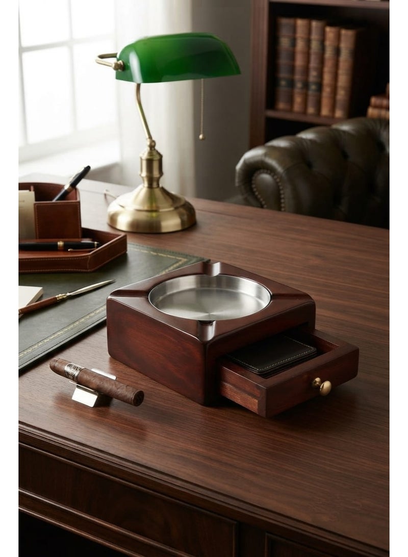 Square wooden statue ashtray featuring cigar designs and a laser-cut drawer for accessories. - Image 2