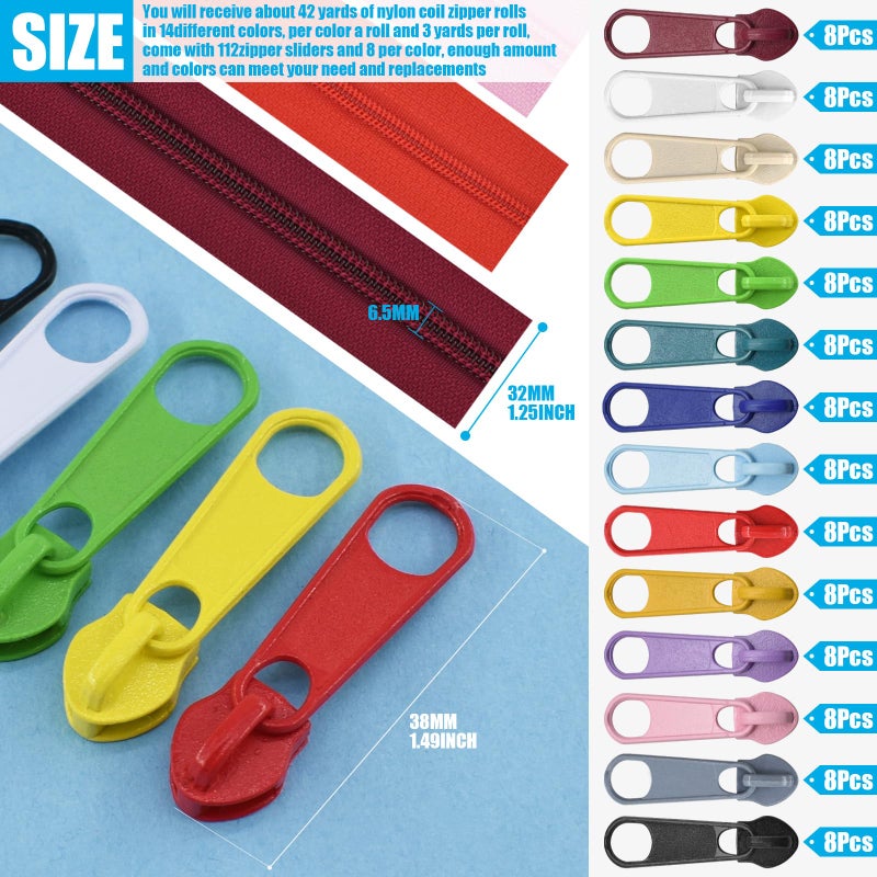 SHRJ 42 Yards 14Pcs Zippers by 5 Nylon Coil in Assorted Colors with 112 Zipper Sliders Pull Head for DIY Tailor Sewing Crafts Supplies, 14 Color - Image 2