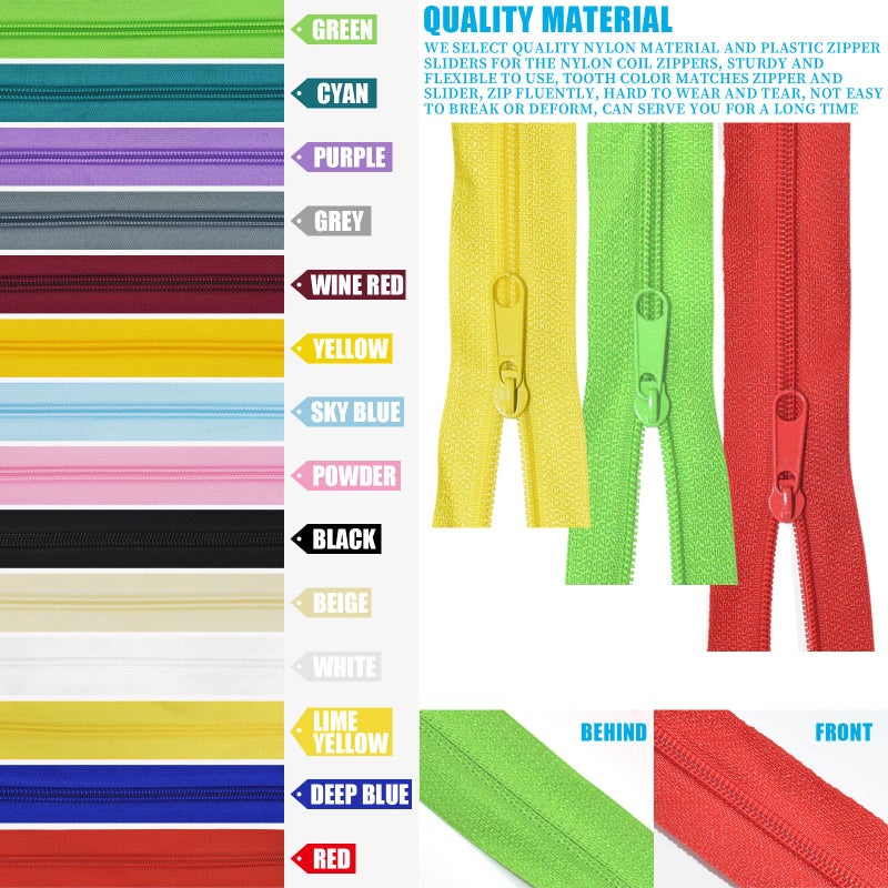 SHRJ 42 Yards 14Pcs Zippers by 5 Nylon Coil in Assorted Colors with 112 Zipper Sliders Pull Head for DIY Tailor Sewing Crafts Supplies, 14 Color - Image 3