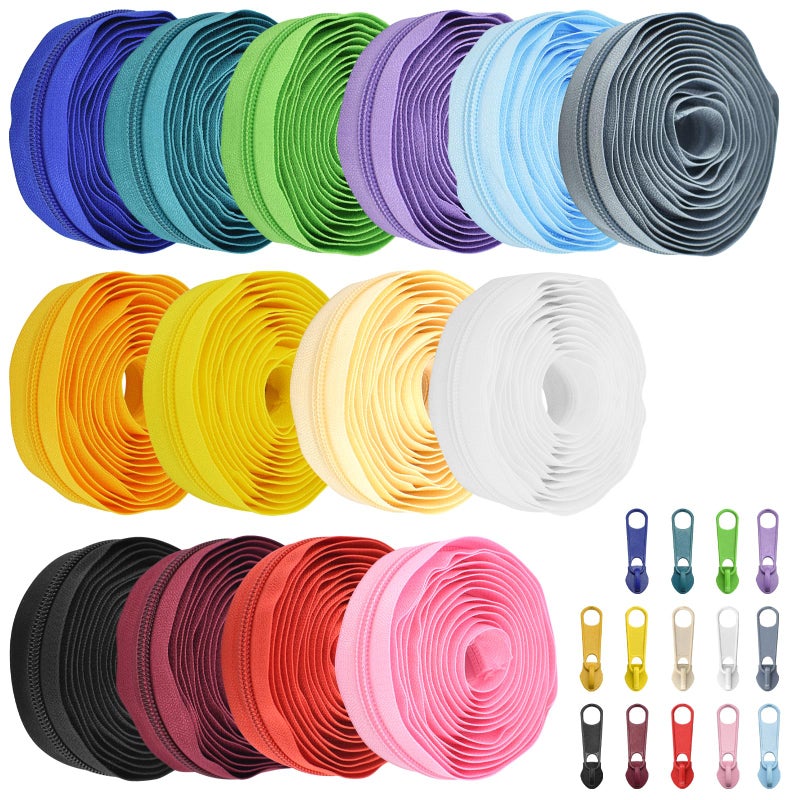 SHRJ 42 Yards 14Pcs Zippers by 5 Nylon Coil in Assorted Colors with 112 Zipper Sliders Pull Head for DIY Tailor Sewing Crafts Supplies, 14 Color - Image 1