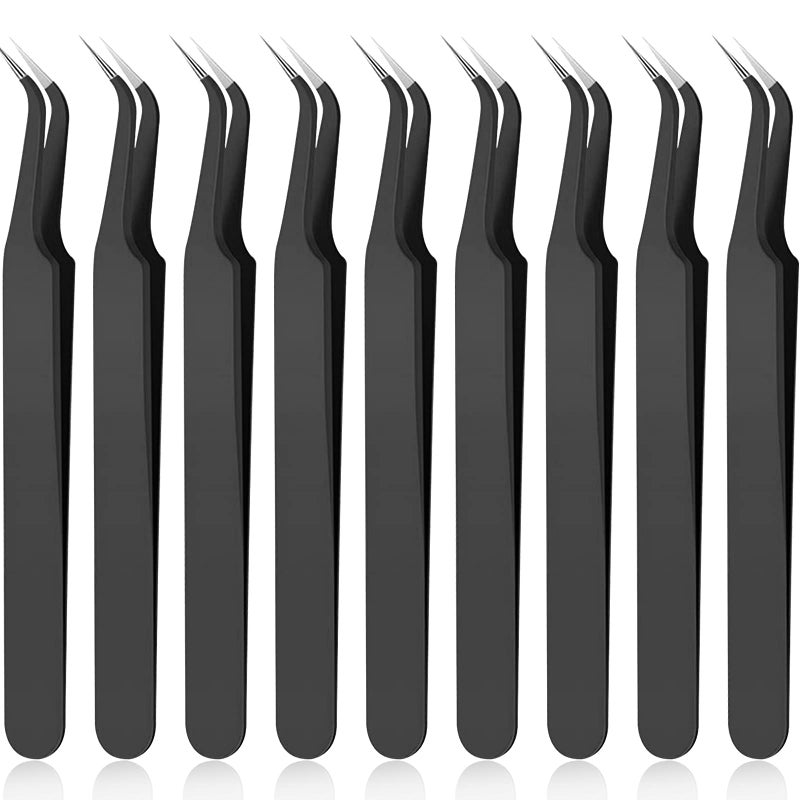 Honoson 9 Pieces Curved Pointed Craft Tweezers Stainless Steel Precision Tweezer with Protective Cover for Sewing Machine Craft Stickers Eyelash Extension Jewelry Making(Black)