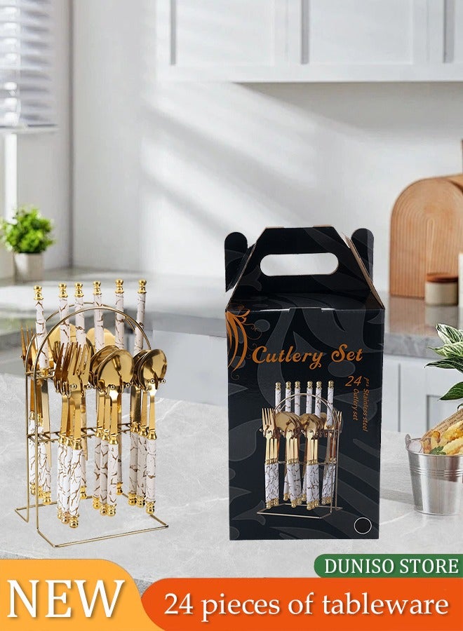 DUNISO 24 Pieces of Stainless Steel Cutlery Set, Western Style Kitchen Utensil Set, Mirror Polished, With Knife, Fork, Spoon And Storage Rack, Suitable For Family Dining, Kitchen，Gatherings  - Image 1