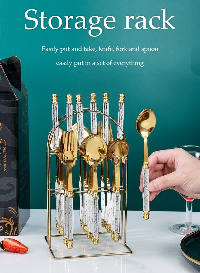 DUNISO 24 Pieces of Stainless Steel Cutlery Set, Western Style Kitchen Utensil Set, Mirror Polished, With Knife, Fork, Spoon And Storage Rack, Suitable For Family Dining, Kitchen，Gatherings  - Image 4