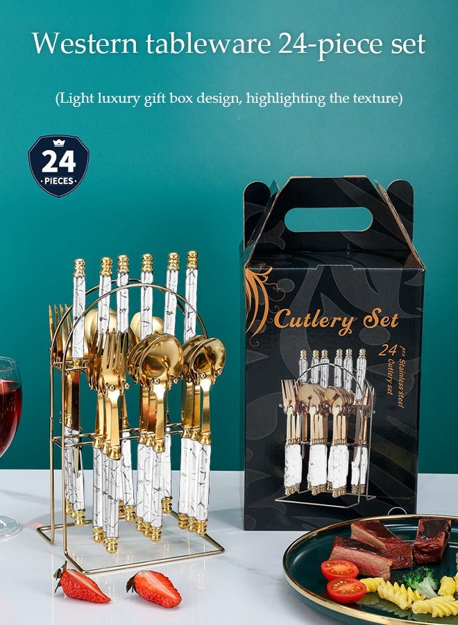 DUNISO 24 Pieces of Stainless Steel Cutlery Set, Western Style Kitchen Utensil Set, Mirror Polished, With Knife, Fork, Spoon And Storage Rack, Suitable For Family Dining, Kitchen，Gatherings  - Image 3