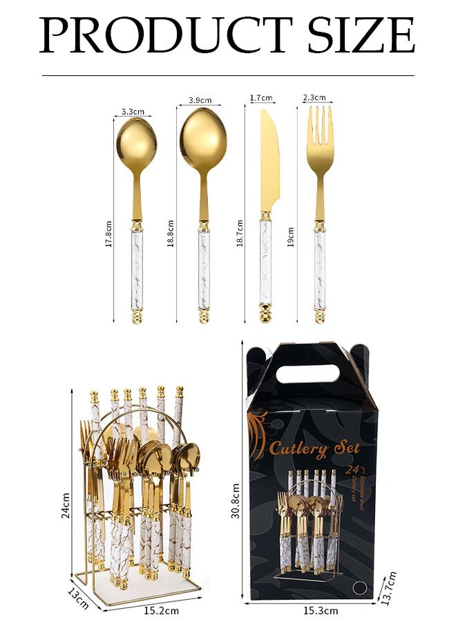 DUNISO 24 Pieces of Stainless Steel Cutlery Set, Western Style Kitchen Utensil Set, Mirror Polished, With Knife, Fork, Spoon And Storage Rack, Suitable For Family Dining, Kitchen，Gatherings  - Image 2