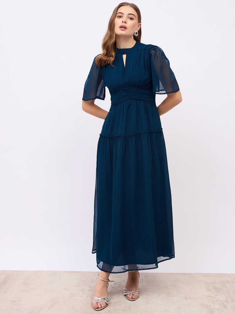 Styli Women A-Line Tired Maxi Dress with Flutter Sleeves | Stylish One Piece Dress for Women | Ideal for Party, Casual & Evening Outfits |Blue_S - Image 2