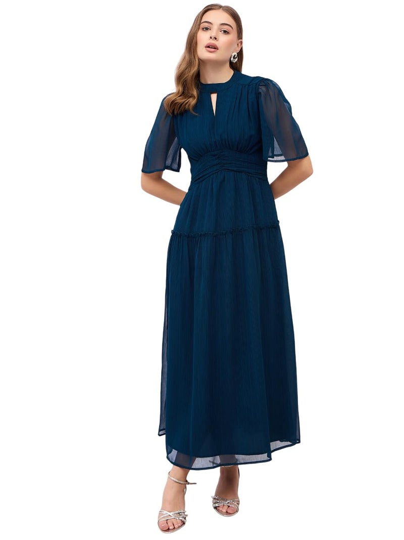 Styli Women A-Line Tired Maxi Dress with Flutter Sleeves | Stylish One Piece Dress for Women | Ideal for Party, Casual & Evening Outfits |Blue_S - Image 1