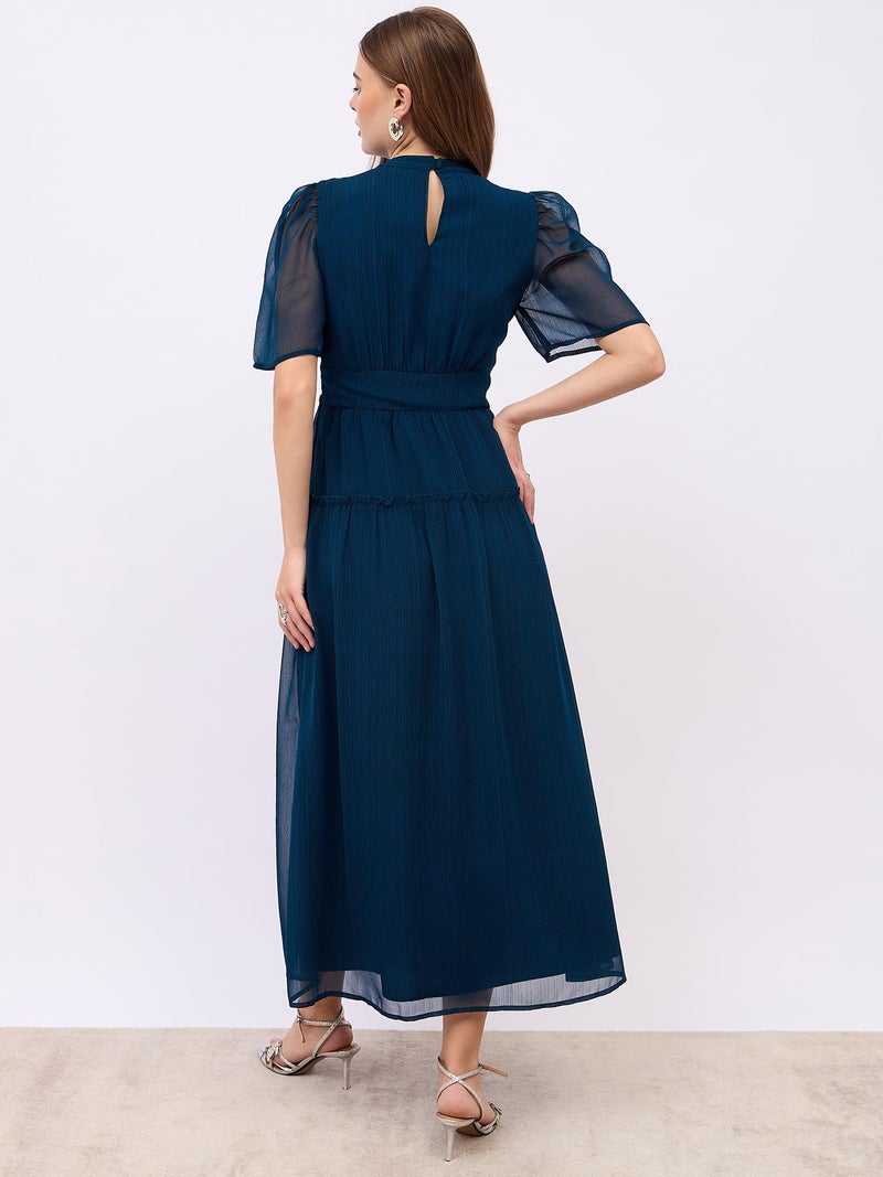 Styli Women A-Line Tired Maxi Dress with Flutter Sleeves | Stylish One Piece Dress for Women | Ideal for Party, Casual & Evening Outfits |Blue_S - Image 5