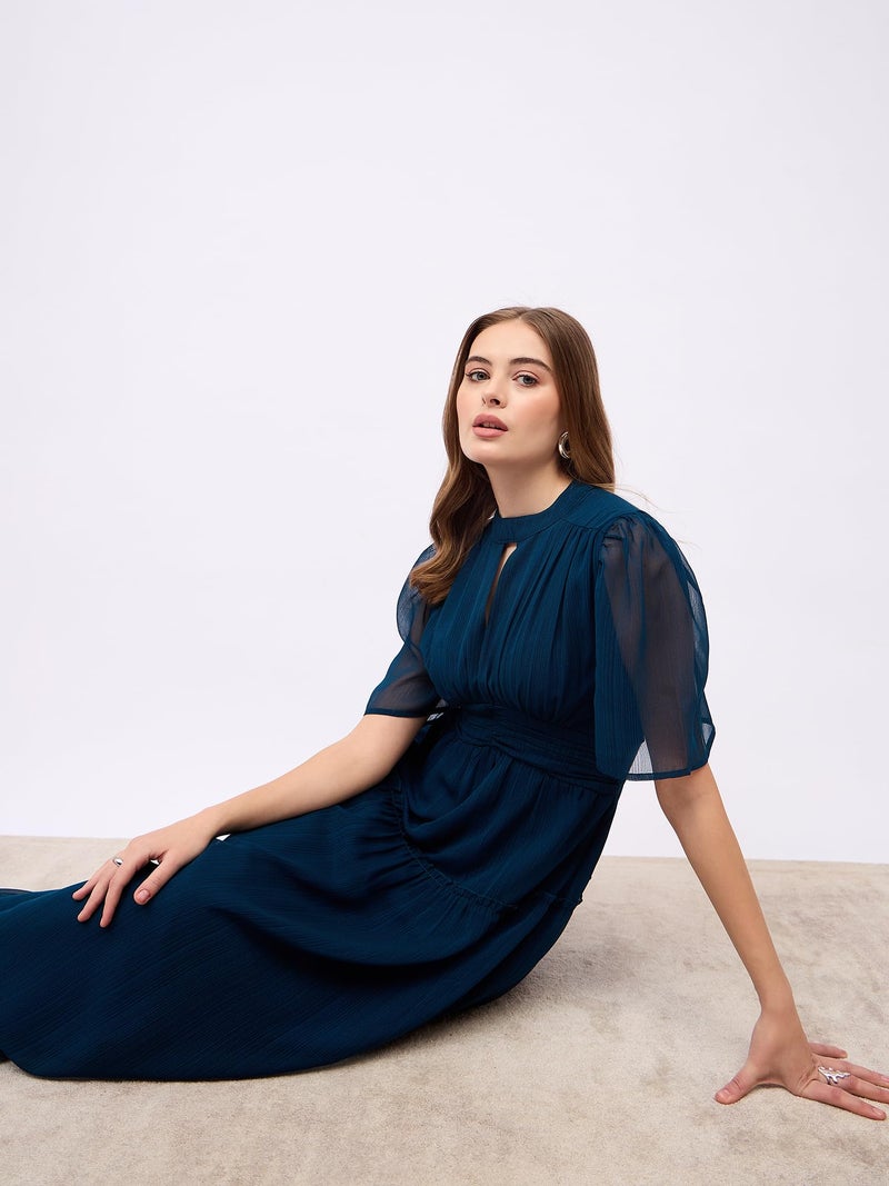 Styli Women A-Line Tired Maxi Dress with Flutter Sleeves | Stylish One Piece Dress for Women | Ideal for Party, Casual & Evening Outfits |Blue_S - Image 4