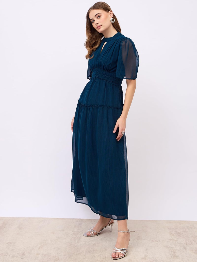 Styli Women A-Line Tired Maxi Dress with Flutter Sleeves | Stylish One Piece Dress for Women | Ideal for Party, Casual & Evening Outfits |Blue_S - Image 3