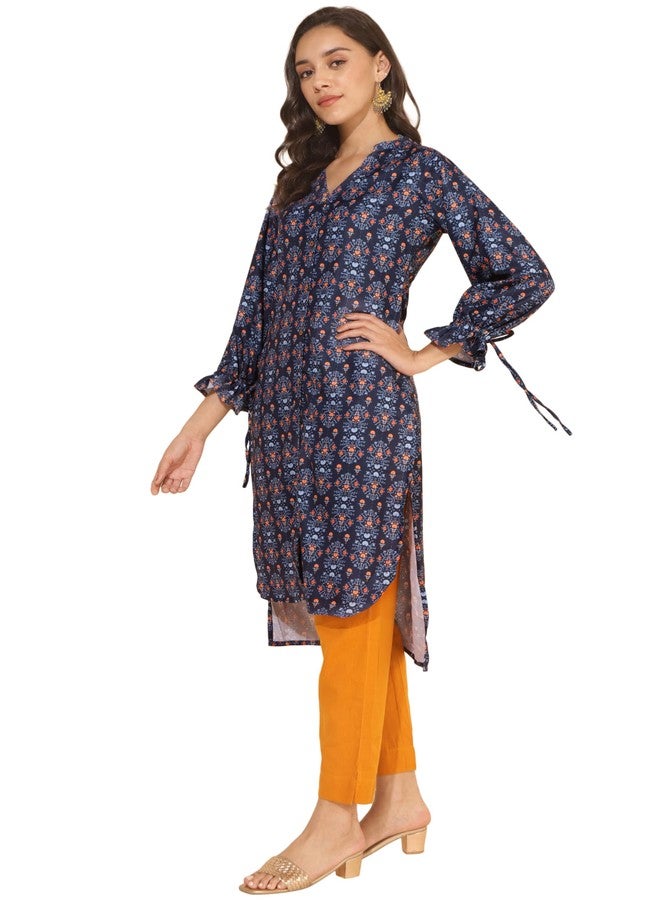 Janasya Women's Dark Blue Moss Digital Printed Straight Kurta(JNE4313-KR-L) - Image 3