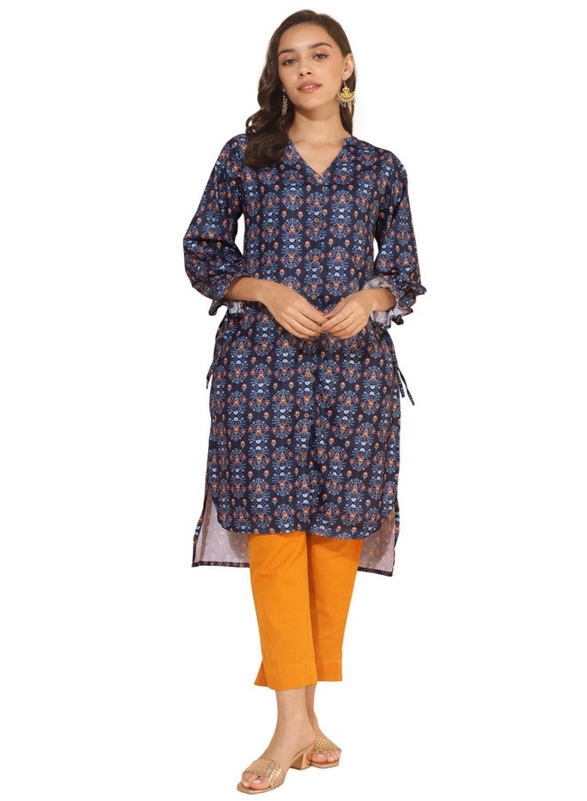 Janasya Women's Dark Blue Moss Digital Printed Straight Kurta(JNE4313-KR-L) - Image 2