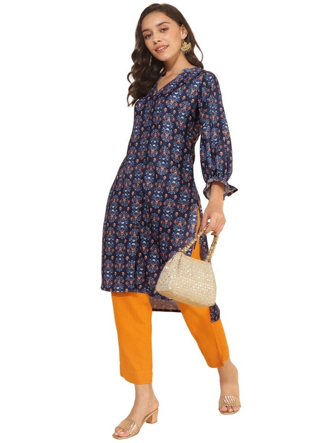 Janasya Women's Dark Blue Moss Digital Printed Straight Kurta(JNE4313-KR-L) - Image 1