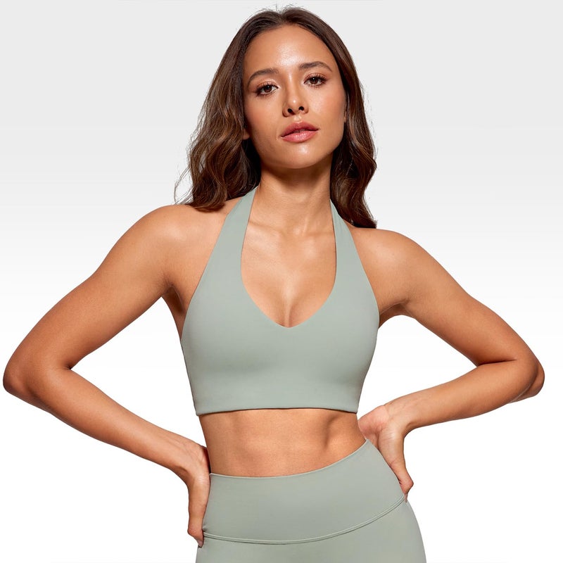 INGIA Womens Halter Longline Sports Bra Padded Low Back Yoga Bra Workout Crop Top with Built in Bra Mineral Medium - Image 2