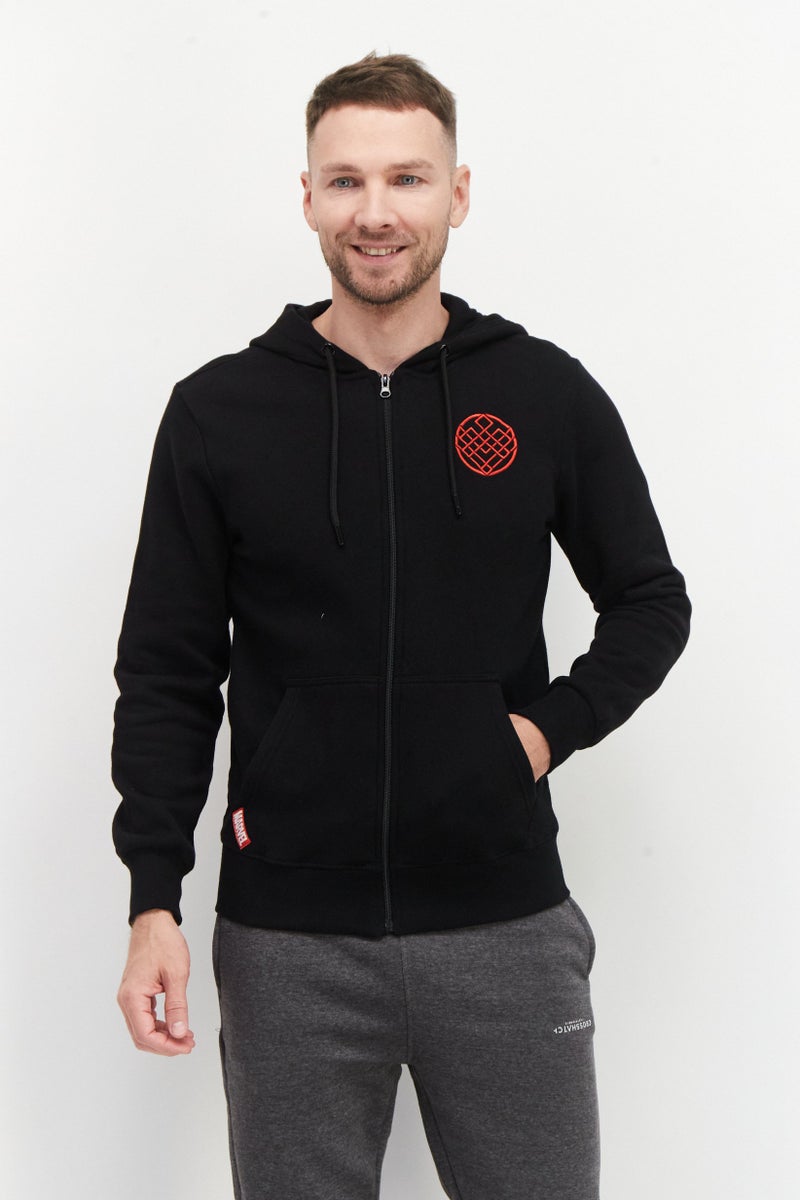 DIFUZED سويت شيرت للرجال بغطاء رأس وأكمام طويلة بسحاب كامل وطباعة جرافيك، أسود - Image 1