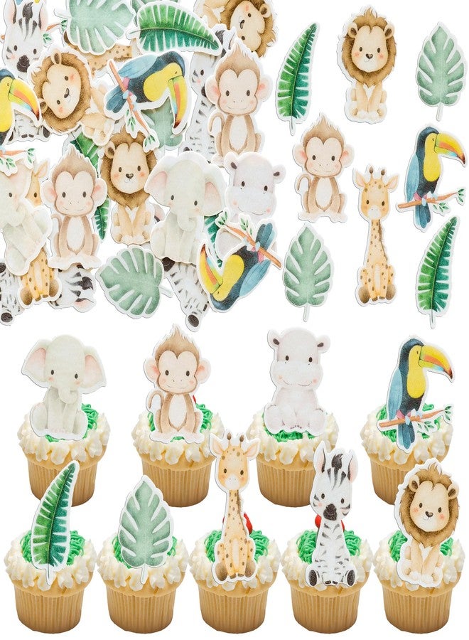 Ephlyn 54Pcs Edible Jungle Safari Animal Theme Cupcake Toppers Wafer Paper Jungle Safari Animal Cake Toppers Dessert Muffin Cake Picks Cake Decoration for Baby Shower Birthday Party Supplies - Image 1