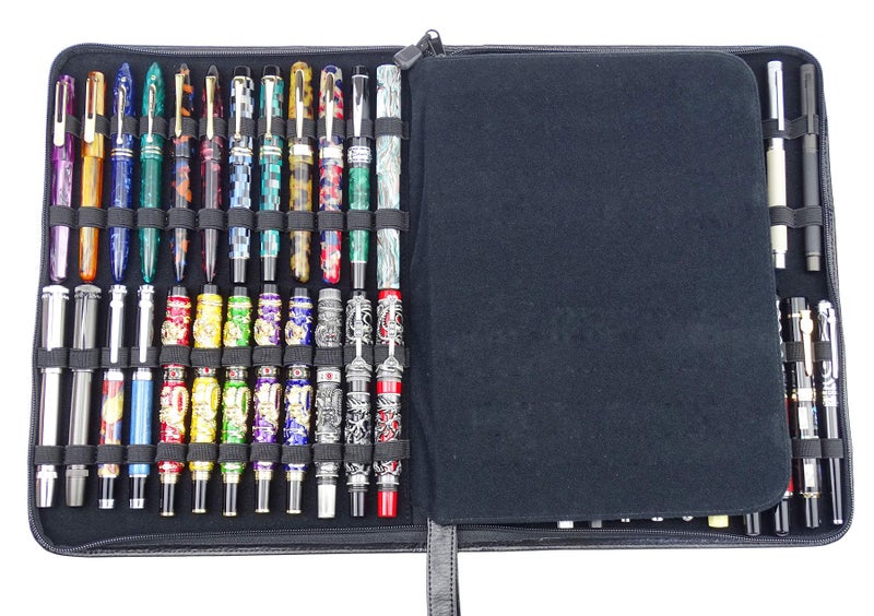 Lanxivi Black Cowhide Leather Fountain Pen Case for Various Size Pens, 46 Slot Display Holder Bag - Image 3