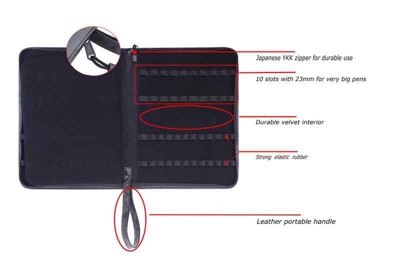 Lanxivi Black Cowhide Leather Fountain Pen Case for Various Size Pens, 46 Slot Display Holder Bag - Image 2