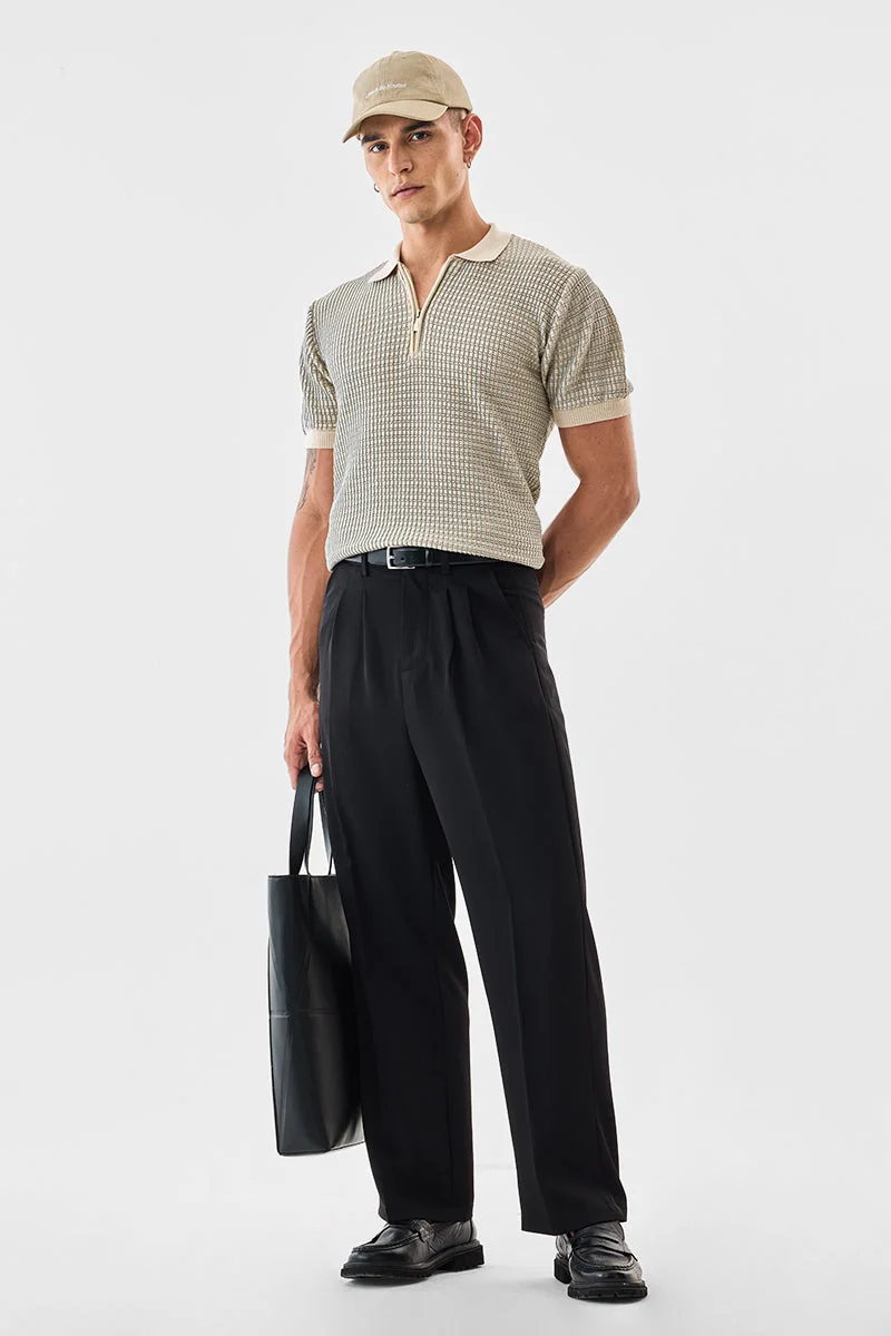 SNITCH Regular Fit Knitted Zipper Polo T-Shirt