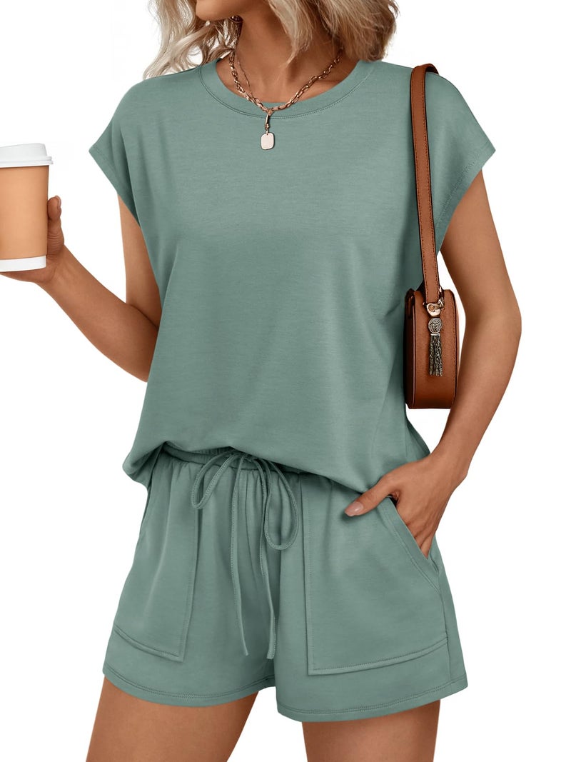 AUTOMET Womens Lounge Two 2 piece Sets Summer Spring Cruise Outfits 2026 Matching Beach Vacation Clothes Travel Sweatsuits Sweat Casual Romper Shorts Fashion Trendy Clothing Loungewear Sage Green L - Image 2