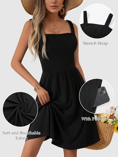 HUHOT Women's Summer Casual Square Neck Dress with Pocket Cute Sleeveless High Waist A-line Sundress Midi Dresses - Image 5