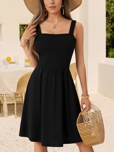 HUHOT Women's Summer Casual Square Neck Dress with Pocket Cute Sleeveless High Waist A-line Sundress Midi Dresses - Image 3