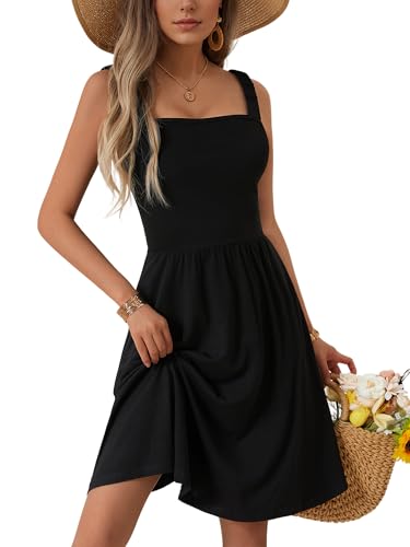 HUHOT Women's Summer Casual Square Neck Dress with Pocket Cute Sleeveless High Waist A-line Sundress Midi Dresses - Image 1