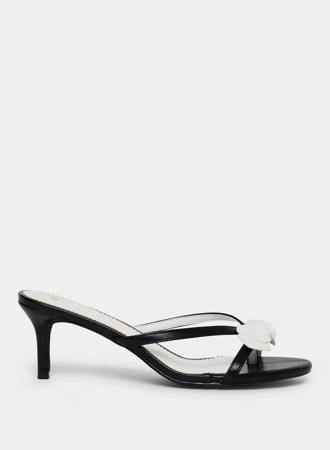 Styli Black High Heel Sandals with Floral Detail
