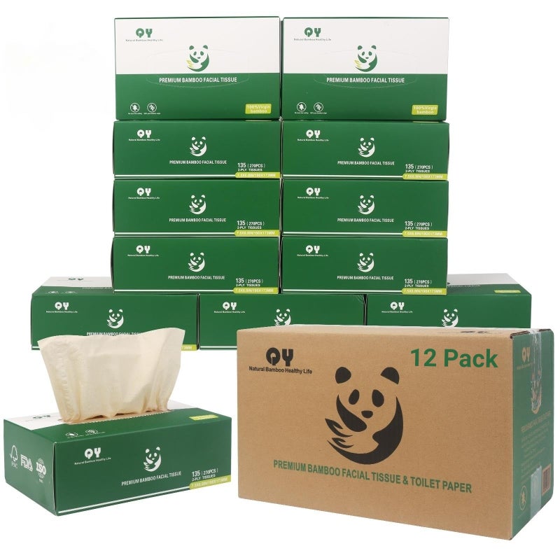 QingYa Unbleached Bamboo Facial Tissues 12 Boxes of 100 Natural Hypoallergenic 134 Sheets per Box FSC Certified Eco Friendly Ultra Soft Gentle for Everyday Home and Office Use - Image 3